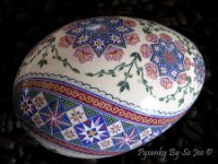 Ring Around The Rosie Ukrainian Easter Egg Pysanky By So Jeo : pysanky pysanka ukrainian easter egg batik art sojeo florals flowers birds stars trees vines blooms buds bluebird owl art sojeo "so jeo" eggshell egg shell blown decoration ivy garden rainbow rosie posy nightshad victorian trees etched brown chicken eggs turkey